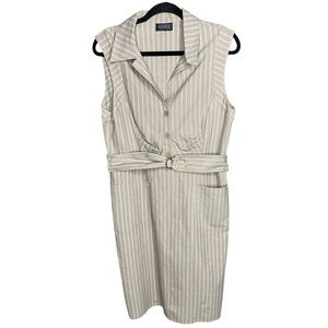 Adrianna Papell Beige & White Striped Sleeveless Shirtwaist Dress
